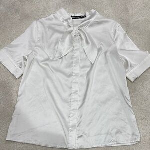 Allegra K White Satin Blouse with Bow Detail